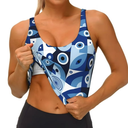 Qokaie Evil Eye Pattern Womens Scoop Neck Sports Bra Breathable Workout Vest Padded U Back Medium Impact Fitness Gym Yoga Bra Workout Crop Top
