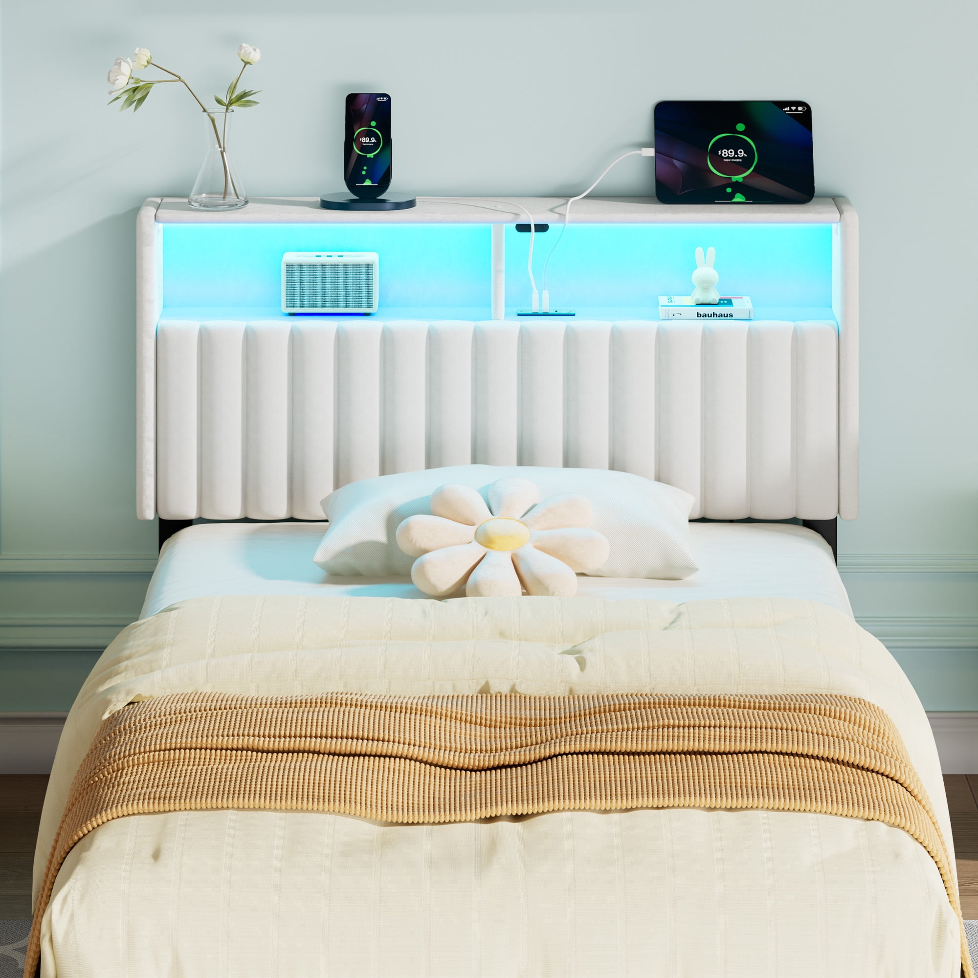 Greenstell Twin Size Adjustable Storage Headboard Only - Modern Upholstered Head Board with LED Lights, Charging Station & Soft Padding, White