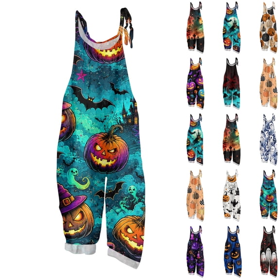 Halloween Rompers for Women Pumpkin Print Sleeveless Jumpsuit Wide Leg Pants One Piece Adjustable Strap Loose Casual Costume Outfit Party Wear,#01 Cyan,XL