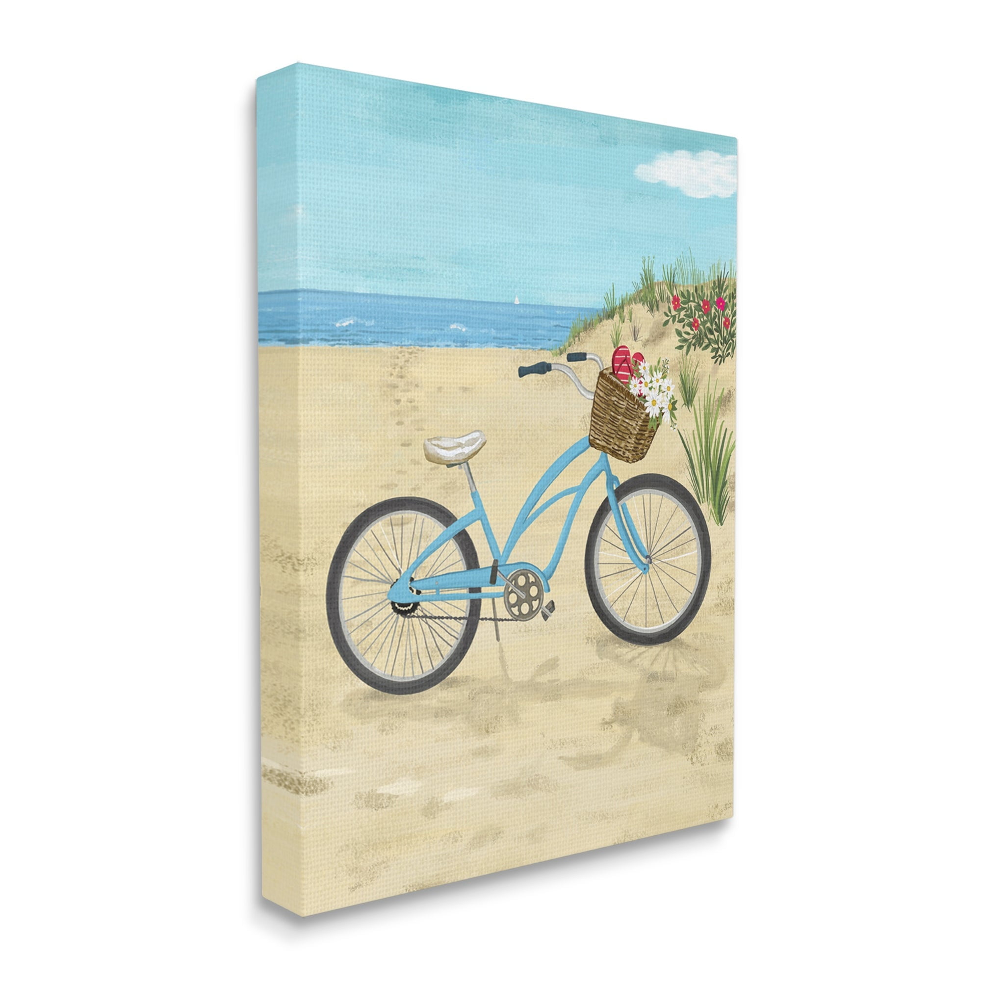 Stupell Industries Blue Bicycle Flower Blossom Basket Beach Sand Painting Gallery Wrapped Canvas Print Wall Art, Design by Sharon Lee