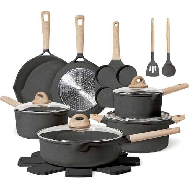 Juego De 17 Ollas Y Sartenes, Sartén antiadherente de mármol incluye cuchara y espátula, Juego de cocina para autocaravana sartén y Incluye sartén y olla para sopa, Uso En Cocina De Inducción(Negro)