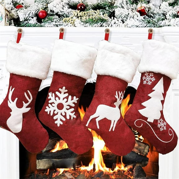 4PCS Christmas Stockings,18 inch Candy Stockings,for Xmas Tree and Fireplace Hanging Stockings Holiday Stockings with Plush Decorations,for Family Holiday Xmas Party Decorations