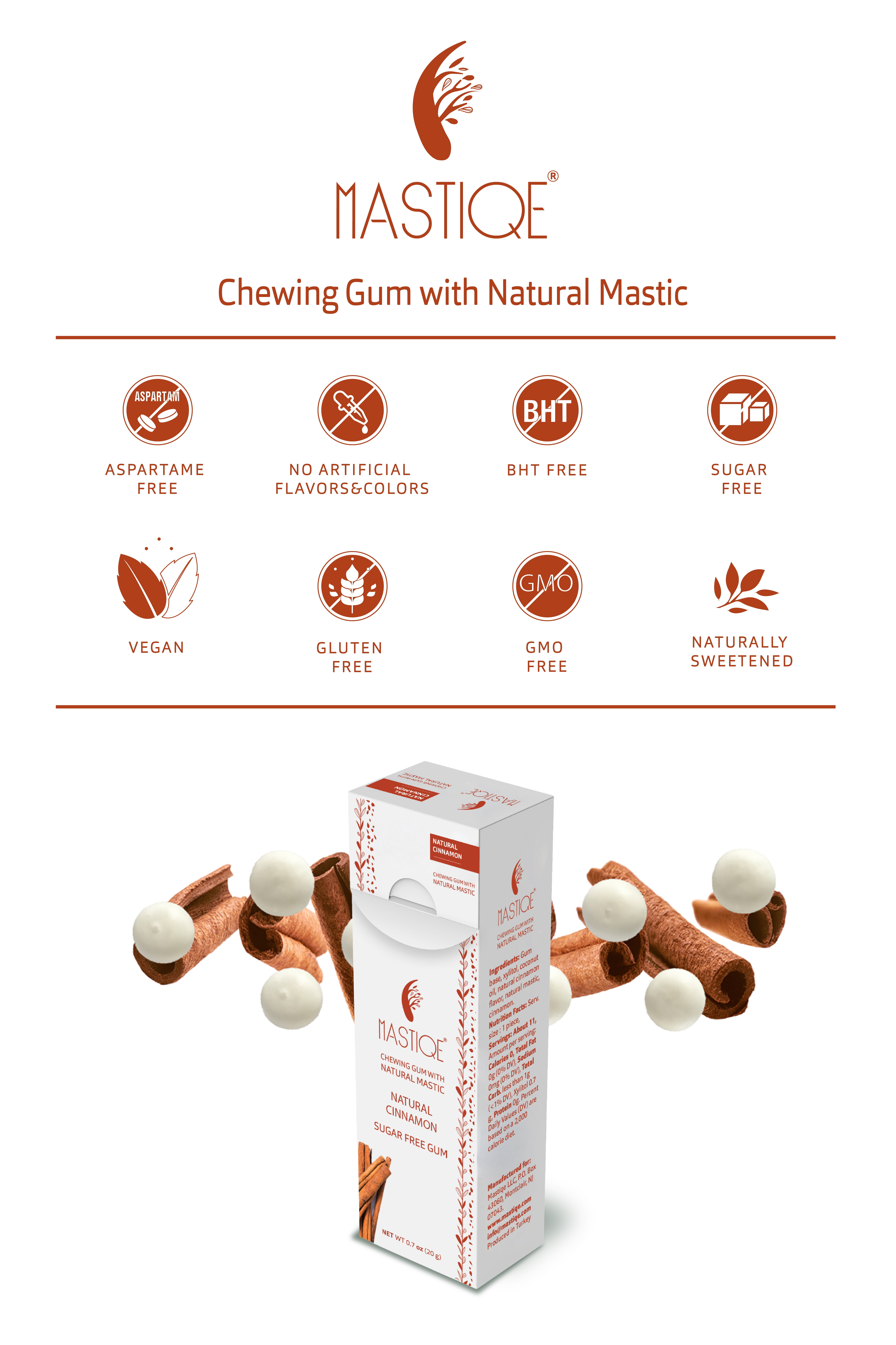 Mastiqe Sugar Free Chewing Gum with Natural Mastic -Cinnamon (12-Box)