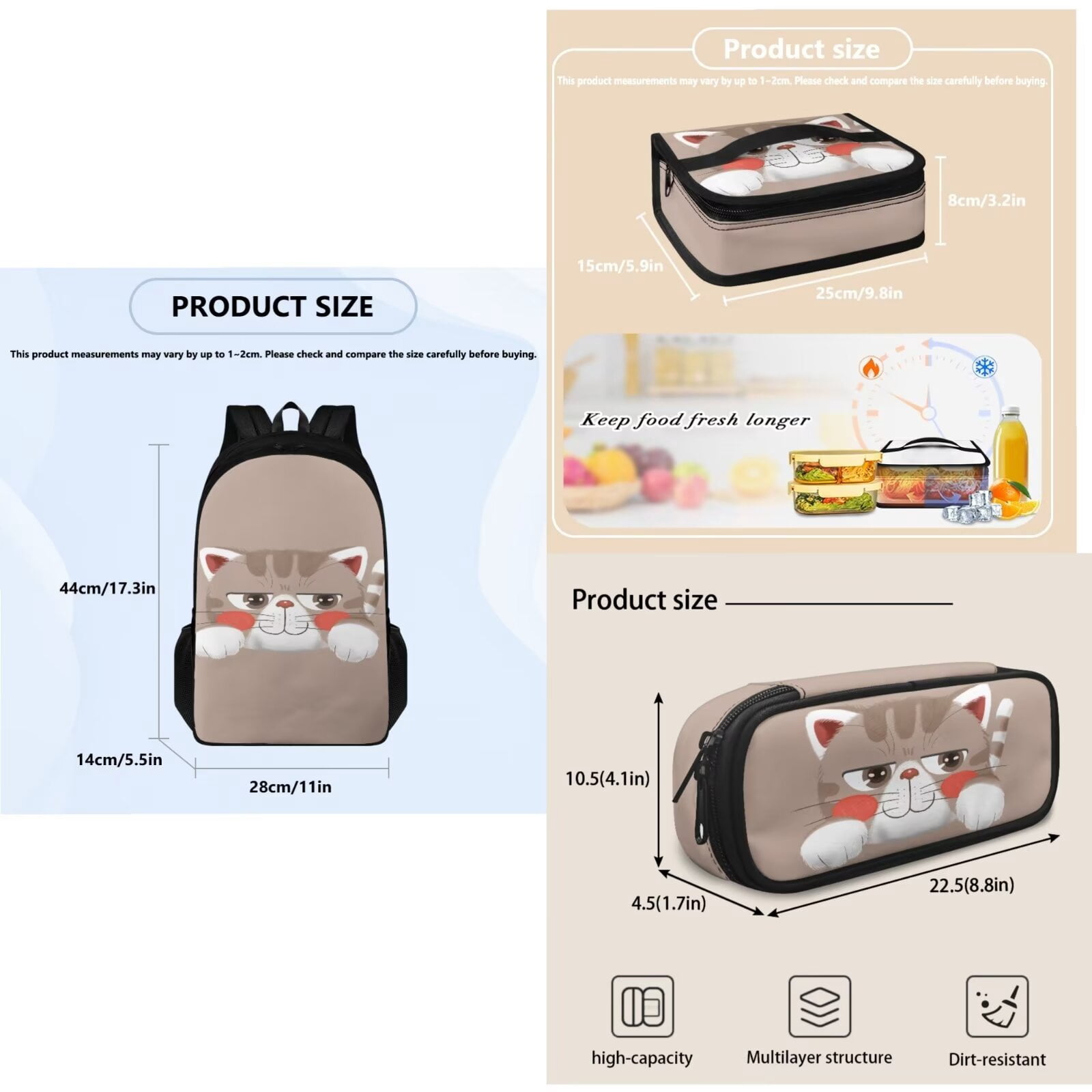 KUIFORTI Cute Cat Shoulder Bag Handbag Pencil Container Bag Backpack Lunch Pouch Zipper Closure, Set of 3