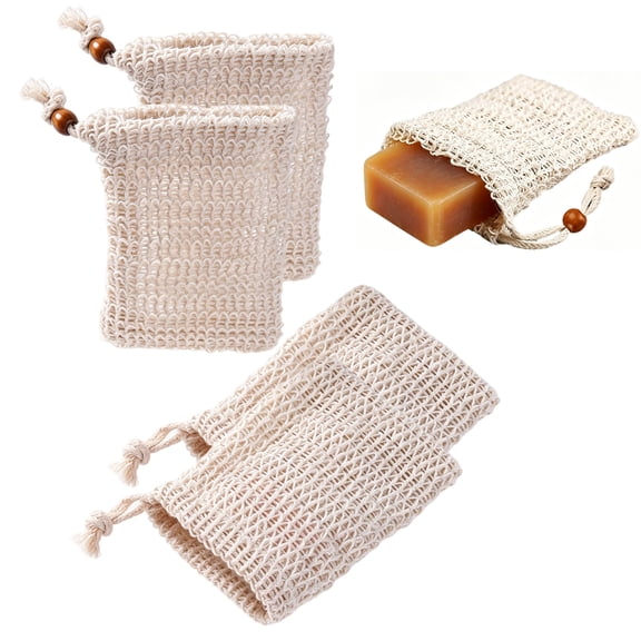 XHJRI 4‑Pack Natural Sisal Soap Saver Bag, Plastic‑Free Exfoliating Mesh Soap Pouch, Hanging Foaming Soap Holder for Shower Bath