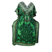 Mogul Womens Maxi Caftan Green Printed Beach Evening Wear Kaftan Dress