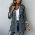 thumbnail image 6 of Kilaqueen Women's Denim Patchwork Blazer, Notched Lapel Long Sleeve One Button Jacket with Pockets, Contrast Casual Office Coat for Streetwear Outfits, 6 of 8