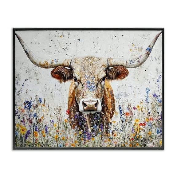 Stupell Industries Texas Longhorn Speckled Flowers Animals Painting Black Framed Art Print Wall Art, 14 x 11