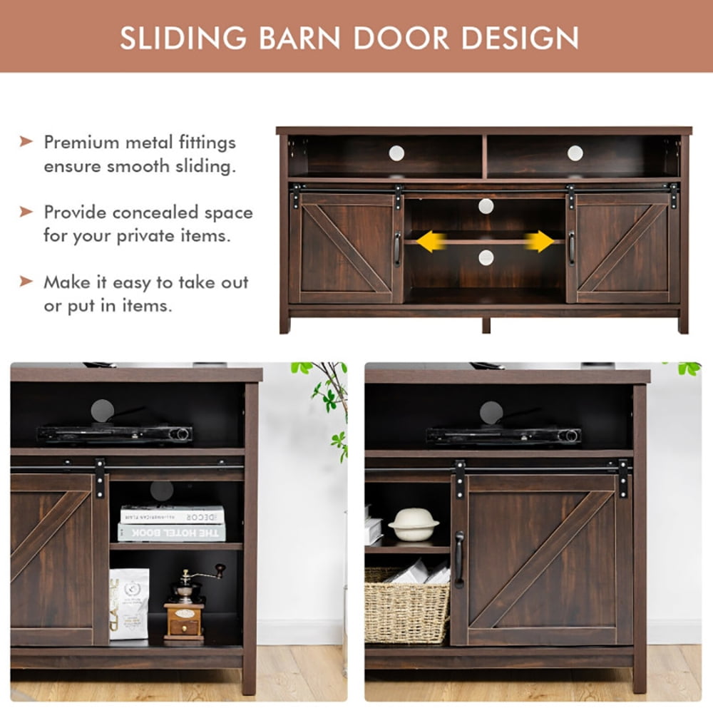 Finihen TV Stand, TV Cabinet, 59 Inch Sliding Barn Door TV Stand with Adjustable Shelves for TVs up to 65 Inch, for Living Room, Bedroom, Brown
