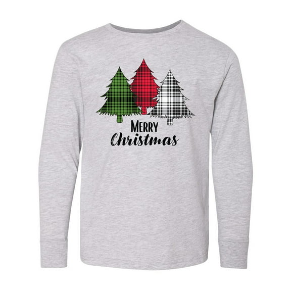 Inktastic Merry Christmas Plaid Trees Long Sleeve Youth T-Shirt