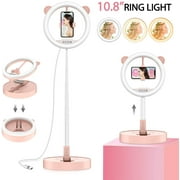 LED Ring Light 10.8" w/ Floor/Desk Stand & Phone Holder for Live Streaming & YouTube Video, Dimmable Makeup Ring Light for Photography, Pink