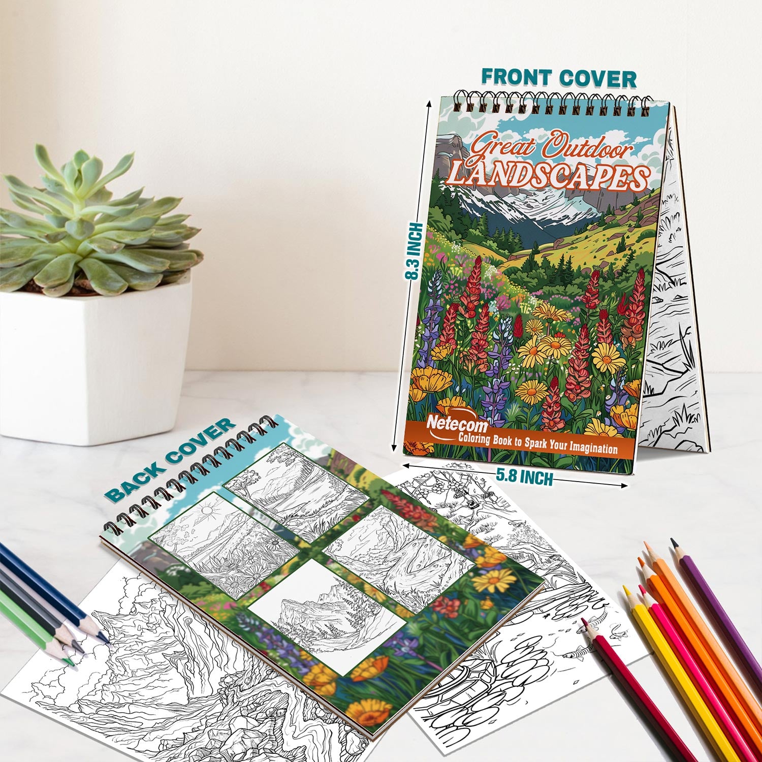 Netecom Great Outdoor Landscapes Coloring Book Spiral Bound for Adults, A5 Wooden Cover, 30 Majestic Coloring Pages of Wild Nature Scenes for Stress Relief and Relaxation