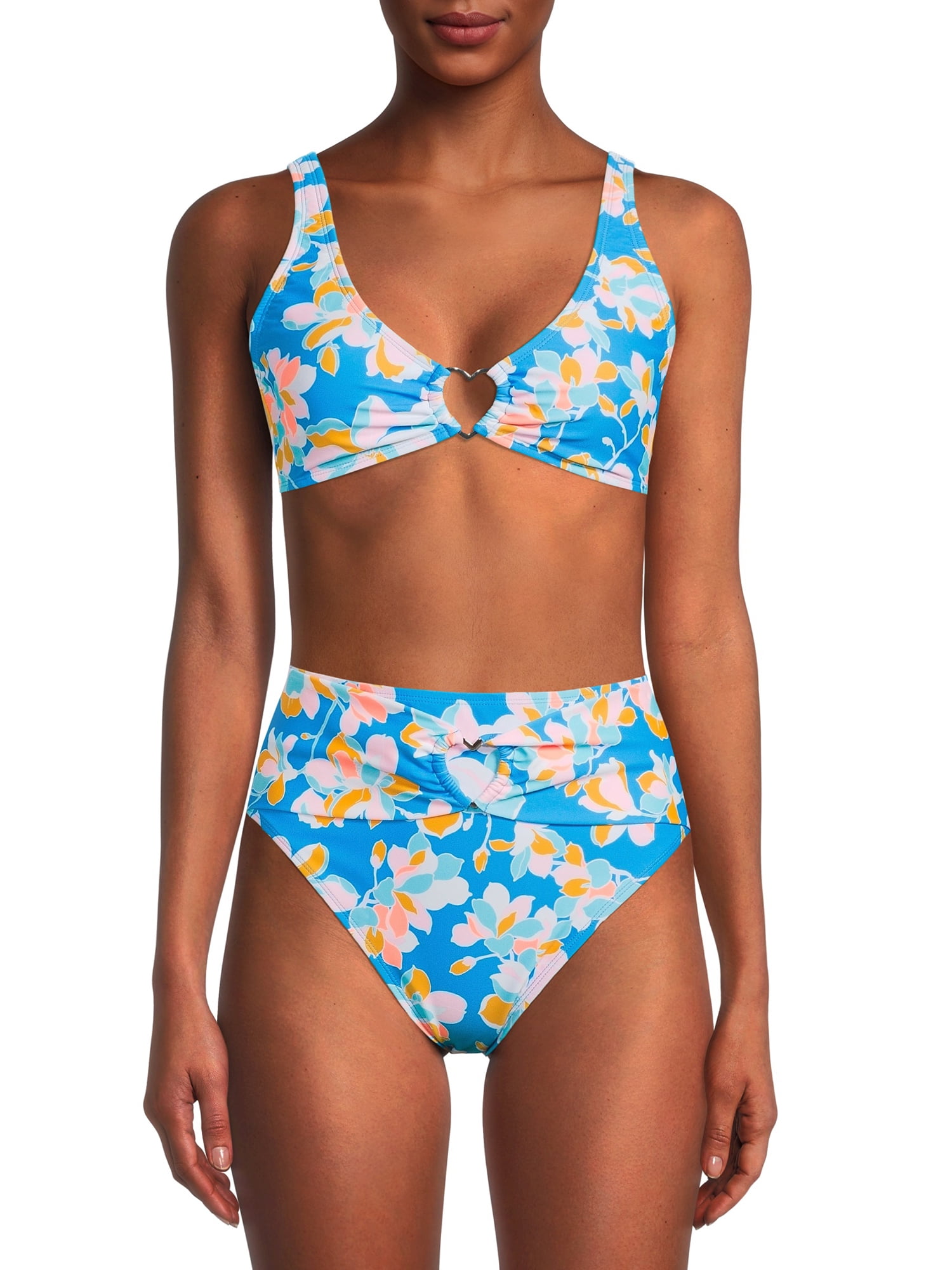 No Boundaries Juniors' Floral Printed High Waisted Swim Bottom with Heart Hardware