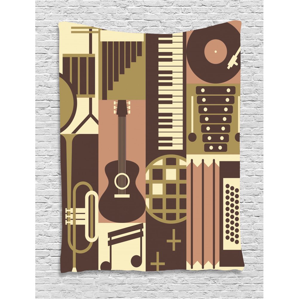 Music Tapestry, Creative Graphic of Vintage Musical Instruments Guitar