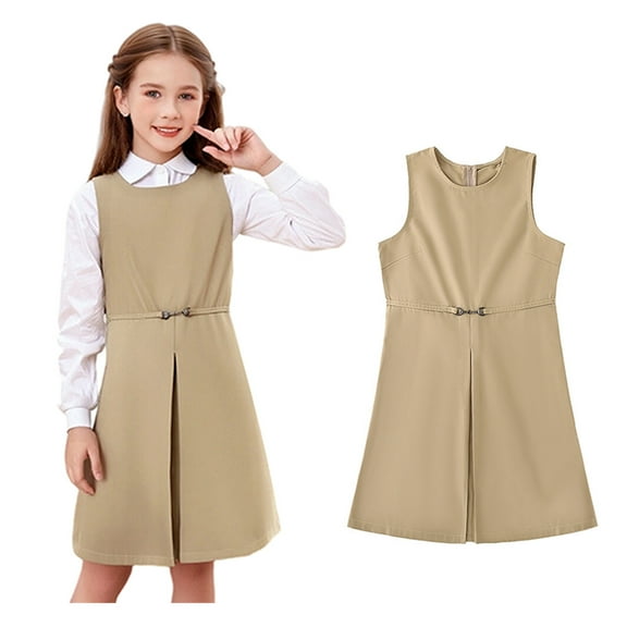Girls Uniform Dress Knee Length Sleeveless Khaki Uniform Jumper Girls Uniforms 12-13 Years