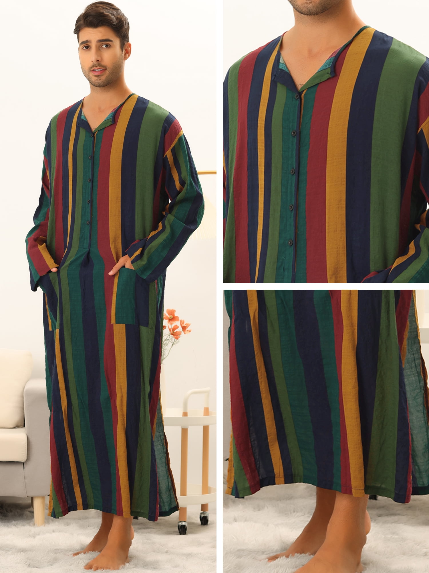Unique Bargains Men's Striped Nightshirt Long Sleeves Button Nightgown Henley Shirts S Multicolor