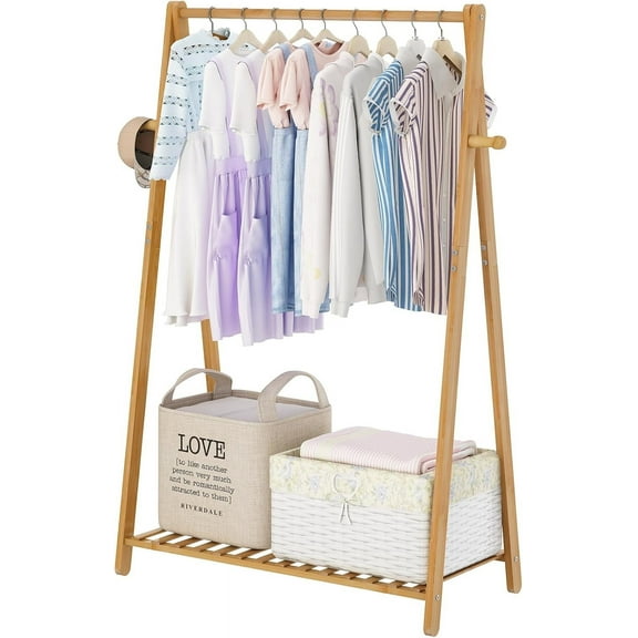 Small Clothes Hanging Racks,Bamboo Wood Kids Clothing Garment Racks for Cloths,Free Standing Dress Costume Rack for Bedroom,Living Room, Commercial,Small Space