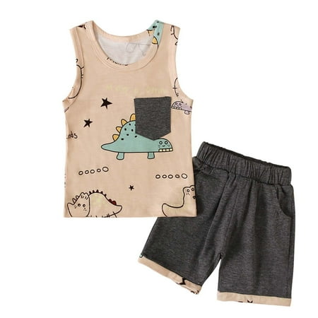 

YWDJ 6 Months-4 Years Boys Outfit Set Toddler Kid Summer Sleeveless Dinosaur Print Top Shorts Clothes Set Khaki 80