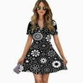 thumbnail image 2 of Black And White Floral Print Cute Flowers Women Dress V-Neck Short Sleeve Flowy Swing Party Midi Dress, 2 of 4