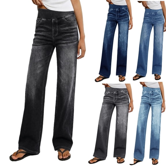 Tsivenald Womens Jeans Ultra High Rise Straight Leg Pants Pull On Denim Pants No Button Fly Relaxed Fit Travel Trousers Pants for Women