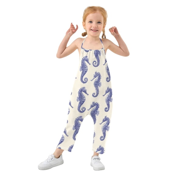 Girls' Jumpsuits Rompers Summer Casual Sleeveless Rompers With Pockets Spaghetti Strap Romper Indigo Blue Seahorses Pattern 1T
