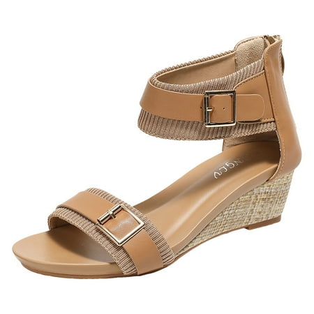

PEASKJP Platform Sandals Comfortable Women s Gladiator Sandal Flat Strap Sandals Two Ankle Buckle (Brown 7.5)