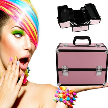 Zimtown Professional Aluminum Makeup Cosmetic Train Case Beauty Organizer 3 Tier Travel Pink