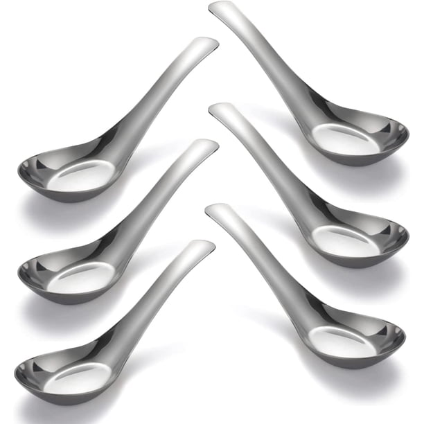 Xiao Hua Juego de cucharas de acero inoxidable, 6 piezas, cuchara china, pulida con espejo, adecuada para sopa, postre, cereales, fideos miso tailandeses Lamian, etc.