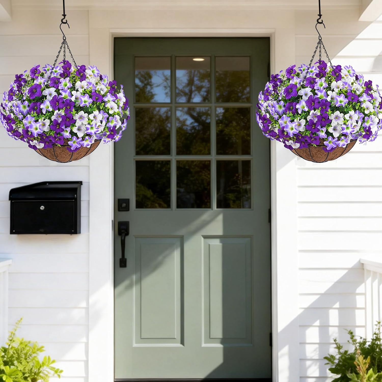 Lyacmy Artificial Hanging Flowers in Basket for Outdoor, UV Resistant Faux Petunias with Eucalyptus Leaves with 20Inch Coconut Lining Chain Flowerpot,Purple White