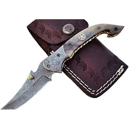 Custom Handmade Damascus Steel Folding Knife - Beautiful Camel Bone Handle with Damascus Steel Bolsters (FNA-32)