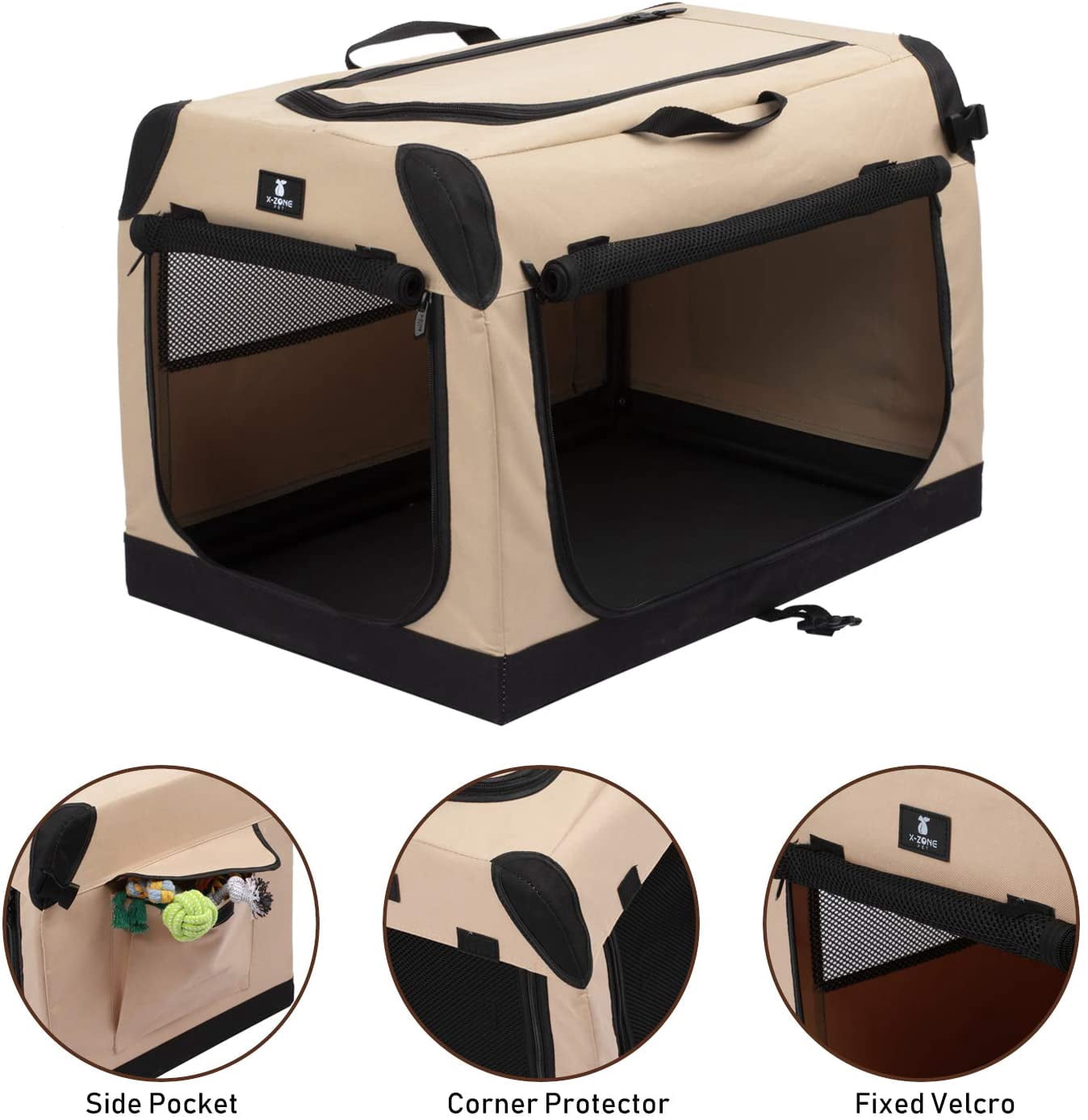 3-Door Portable Soft-Sided Folding Dog Travel Crate, Small Tan Collapsible Pet Kennel with Mesh Windows for Indoor Outdoor Use