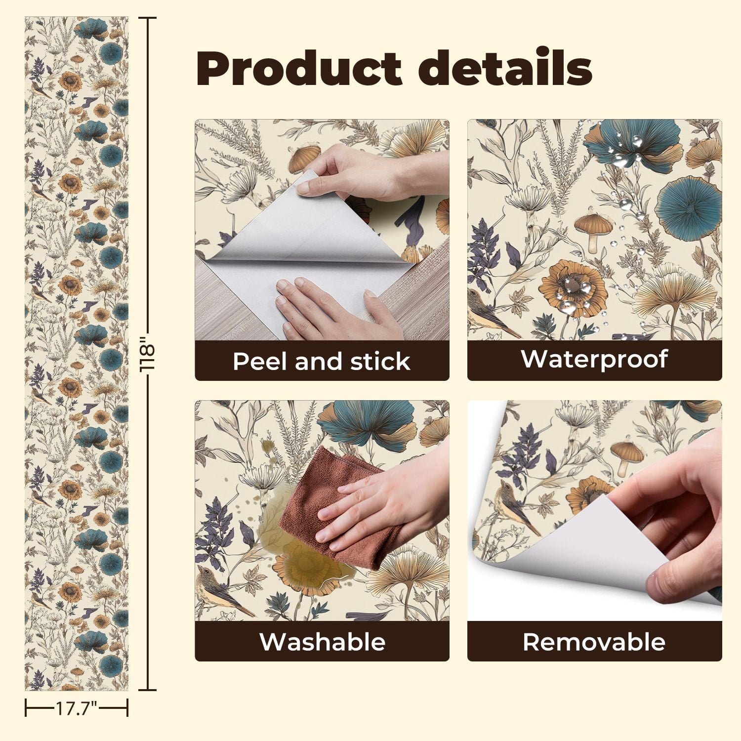 Vintage Peel and Stick Wallpaper Botanical Floral Birds Mushrooms Muted Colors Wall Mural 17.7in x 9.8ft Self Adhesive Removable Wall Paper Renter Friendly Wallpaper for Nursery Bedroom Cabinets