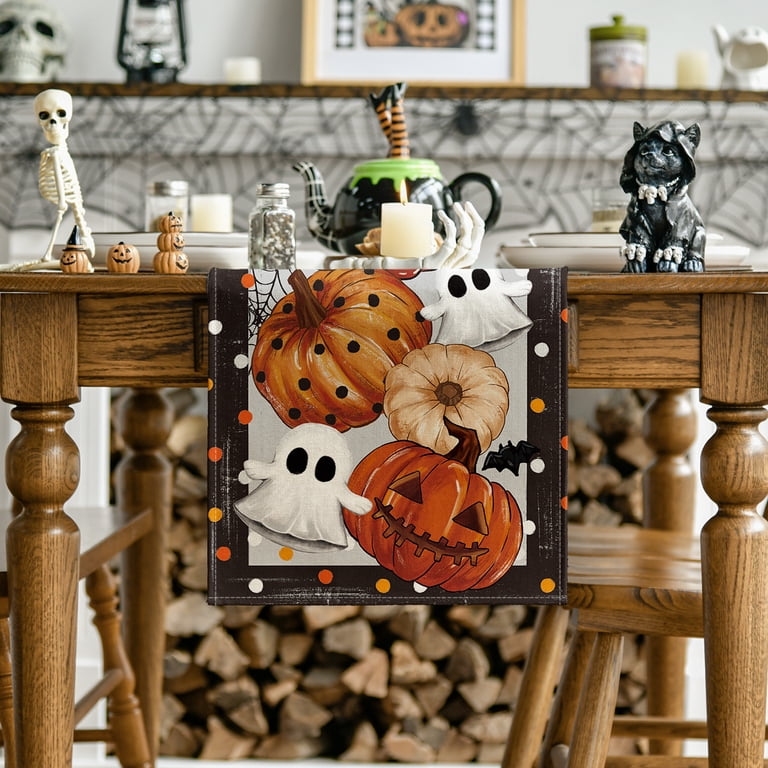 Halloween Table Runner – Ghost & Pumpkin Design, 13x72 Inches, Polyester, For Kitchen & Party Decor