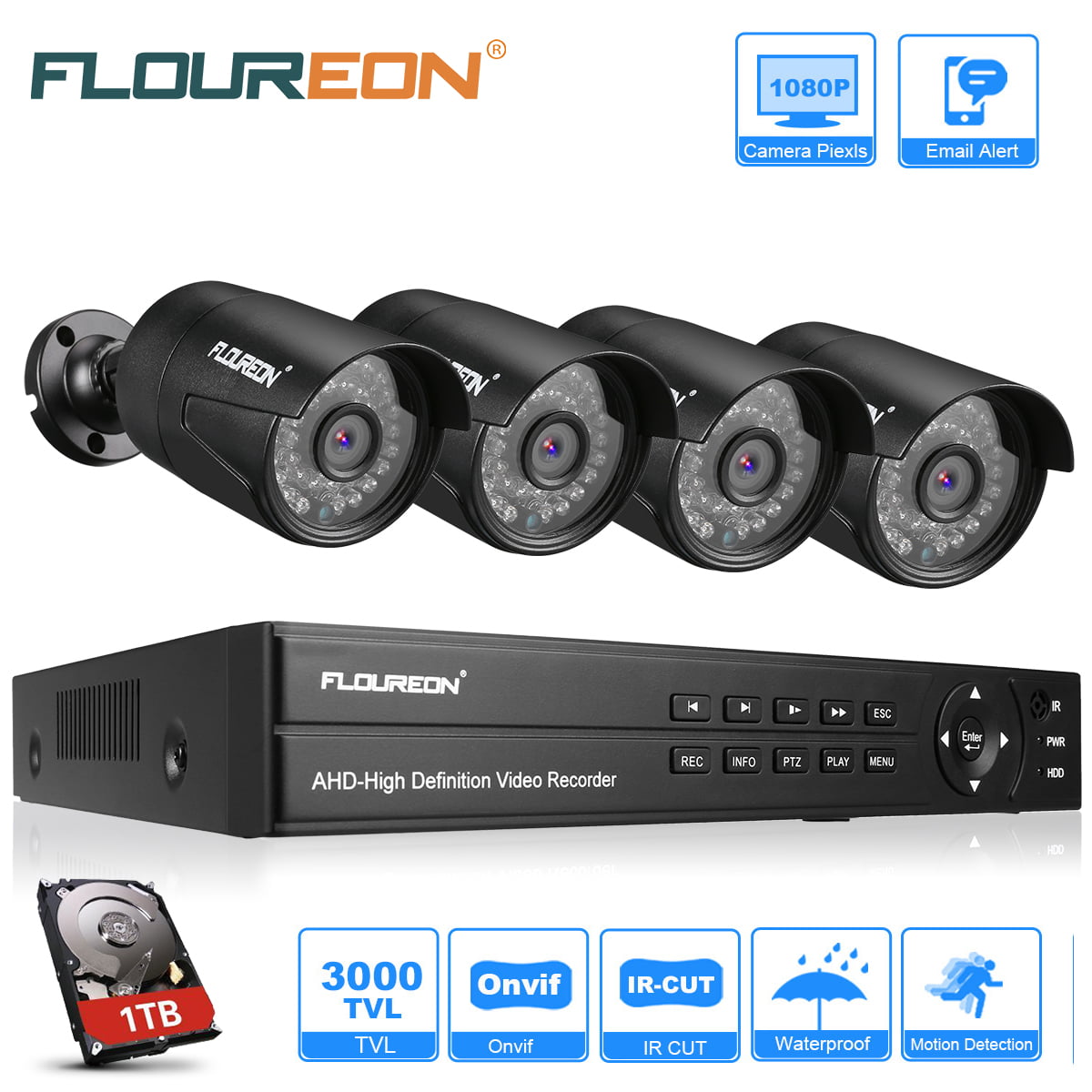FLOUREON 1TB HDD 8CH 1080N AHD DVR 3000TVL 1080P HD Video Camera Security System 