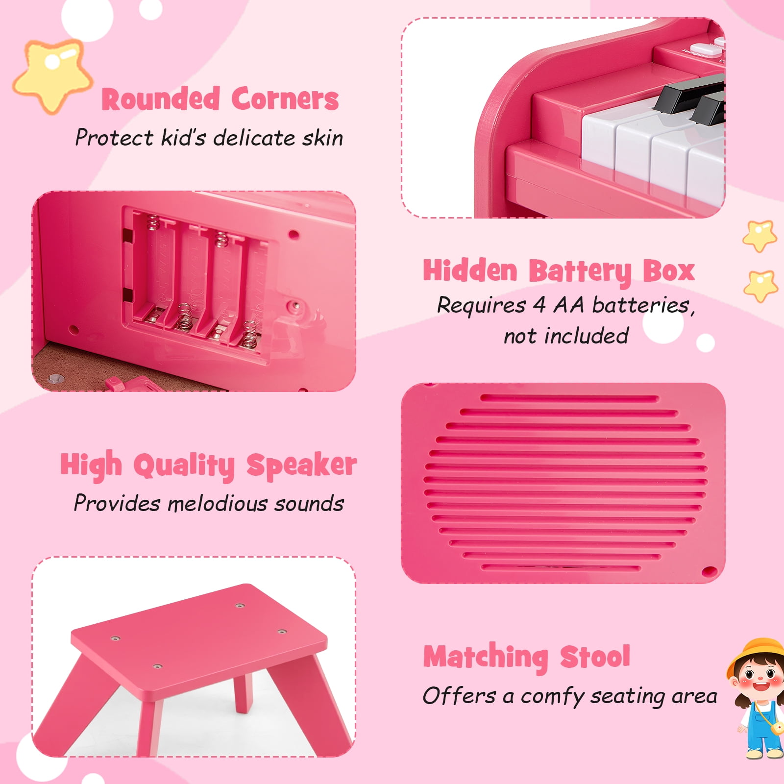 Patiojoy 25 Lighted Keys Kids Piano Keyboard with Stool Mini Digital Piano Wooden Toy Pink
