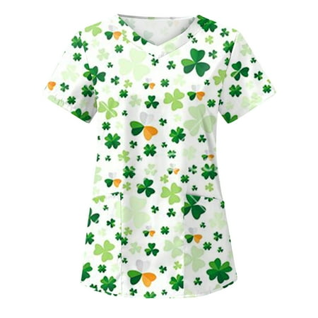 

Women Scrubs Top Nurses Clothing Workwear Working Uniform T-Shirt Fashion Printed Short Sleeve Leisure Pocket V-Neck T-Shirt Top