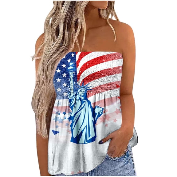 Dyegold Summer Tops for Women 2023 Trendy, Tube Tops Women Casual Summer American Flag 4th July Shirts Off Shoulder Bandeau Sleeveless Smocked Strapless ​Tanks