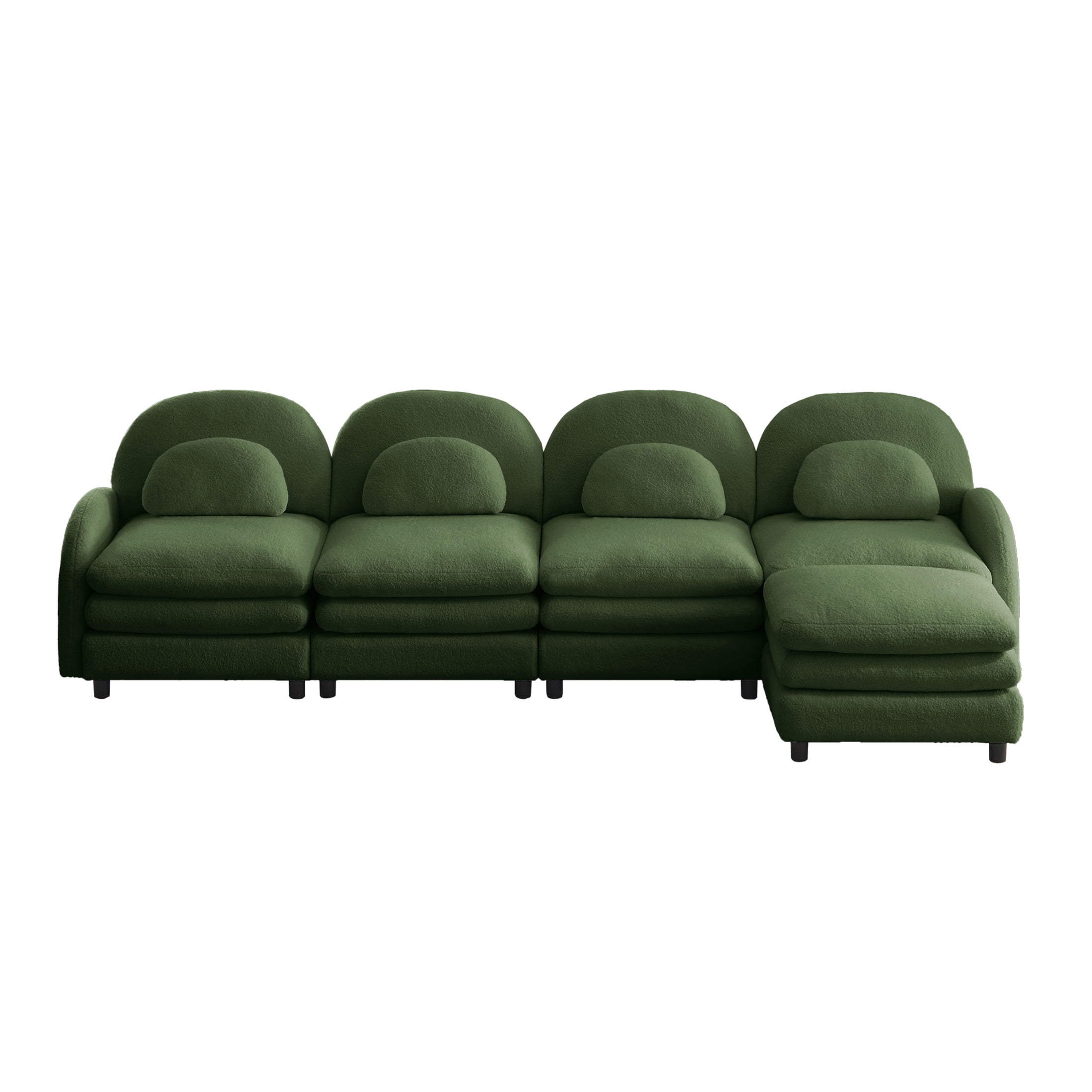 Noble House Windsor Teddy Fabric 4-Seater Sectional Sofa, Modular Cloud Couch with Ottoman and Lumbar Pillows, Green