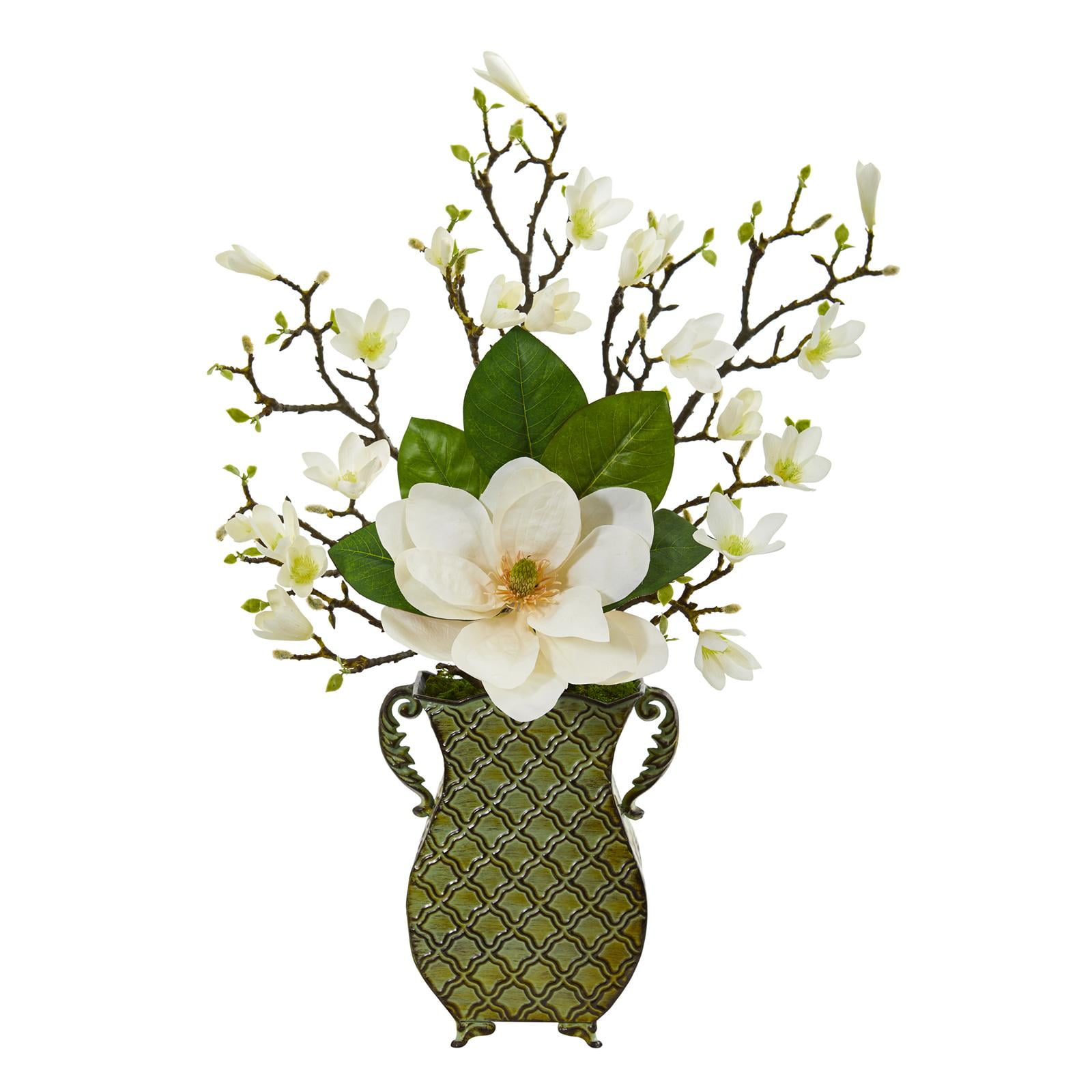 Nearly Natural Magnolia Artificial Arrangement in Metal Vase