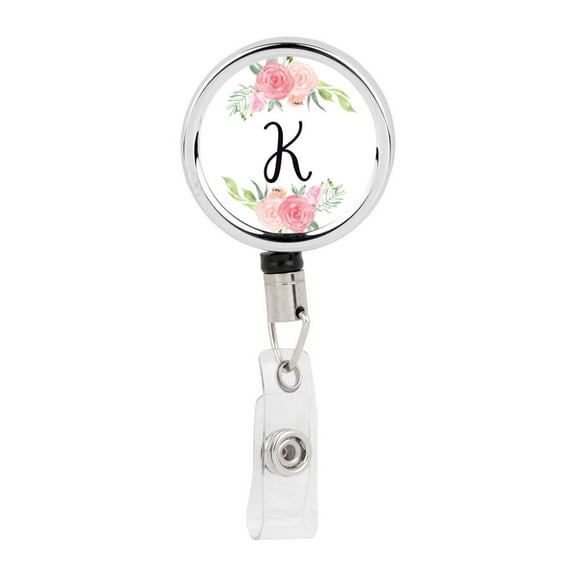 Koyal Wholesale Retractable Badge Reel Holder With Clip, Blush Pink And Cream Flowers, Floral Monogram K