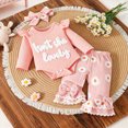 thumbnail image 2 of masbird Baby Girl Fall Clothes Rib Knit Ruffle Romper Bell Bottoms Flare Pants Set 3Pcs Infant Cowgirl Outfit,Pink,6-9 M, 2 of 9