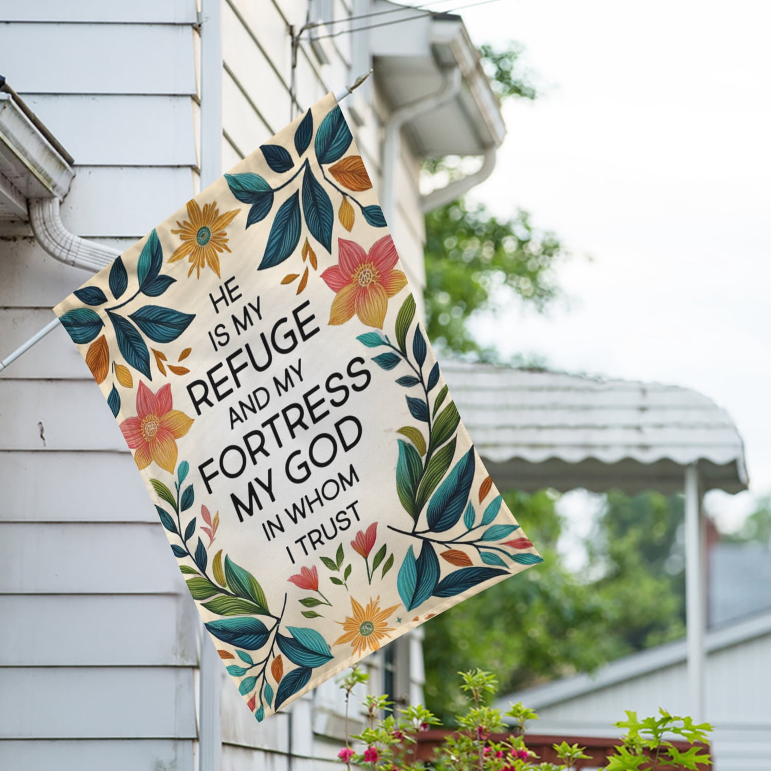 America Forever He Is My Refuge House Flag, 28 x 40 inch Double Sided, Floral Scripture Banner, Religious Faith Decor, Inspirational Bible Flag