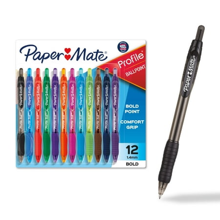 Paper Mate Profile Retractable Ballpoint Pens, Bold (1.4mm), Assorted Colors, 12 Count