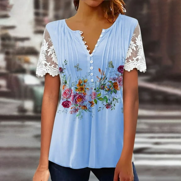 QENGING Women's Short Sleeve V-neck Floral Print T-shirts Lace Comfortable Female Blouses Juniors Tops on Clearance
