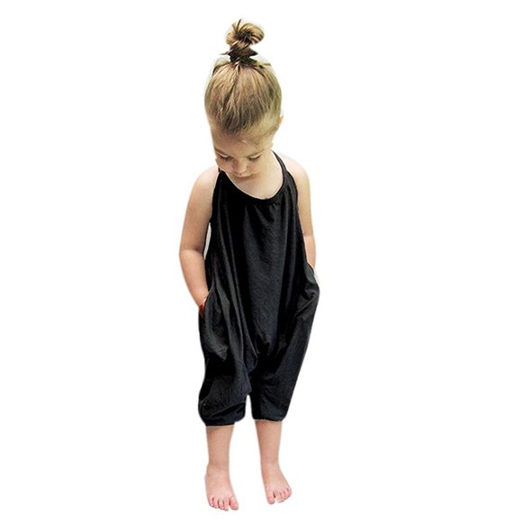 WJSXC Toddler Baby Girl Jumpsuits Summer-color Strap Romper Pants with Pockets Black