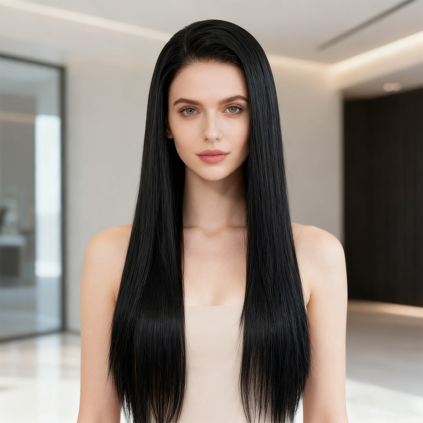 Long Straight Synthetic Wig for Women, Dark Brown Natural Looking Full Hair Wig for Daily Wear(Black,55cm)