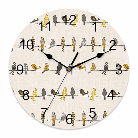 12 Inch Birds on the Wire Yellow Grey Orange Burlap Background Wall Clock, Battery Operated Silent Non Ticking Clocks, Easy to Read Round Wall Clock for Kitchen/Living Room/Bedroom/Bathroom