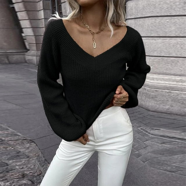 Hot6sl Pull Uni pour Femmes Col en V Haut Ample Pull à Manches Longues Pull Col en V