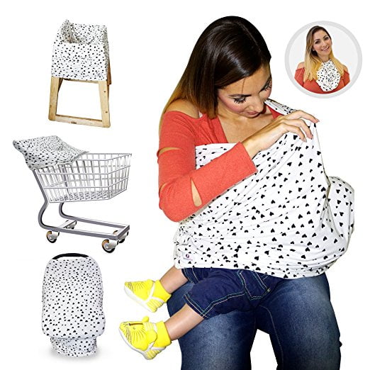 Mommyz Love Nursing Breastfeeding Cover + Baby Car Seat Cover + Shopping Cart / Stroller Cover + High Chair Cover for Infant Girls and Boys, Hearts