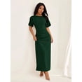 thumbnail image 6 of Dark Green Womens Summer Linen Blend Short Sleeve Elegant Maxi Dress With Ruched Waist, 6 of 8